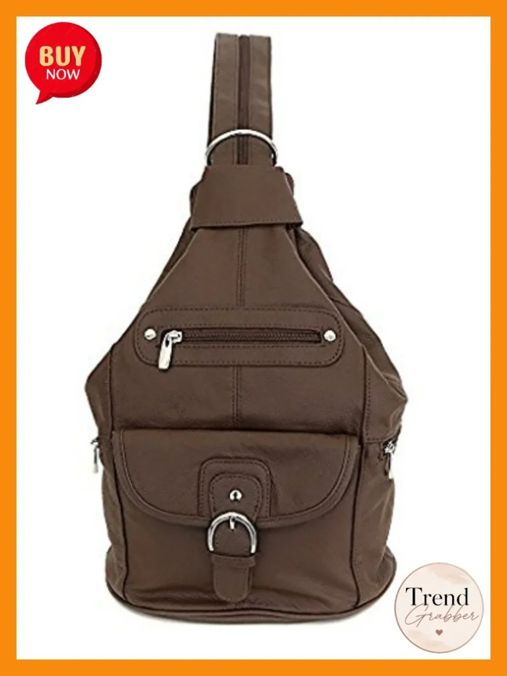 Genuine Cowhide Leather Convertible Backpack Sling Purse 7 Pockets, Brown